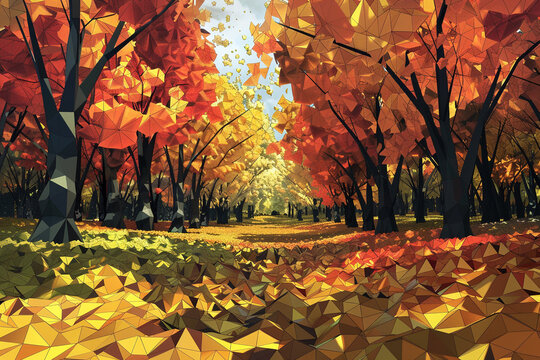 A low-poly autumn forest scene, with polygons in rich shades of gold, orange, and red, interspersed with dark green
