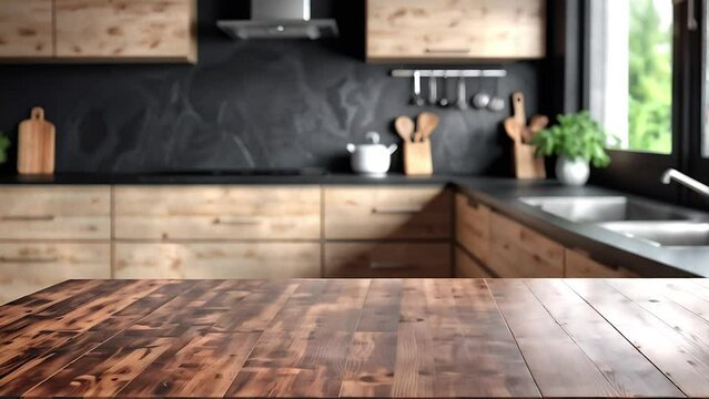 kitchen for product promotions, Highlight merchandise in a modern culinary space, with dynamic light, a refined wooden table, and stylish plant decor. 4k.