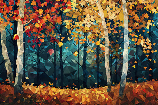 A low-poly autumn forest scene, with polygons in rich shades of gold, orange, and red, interspersed with dark green, representing the changing leaves.