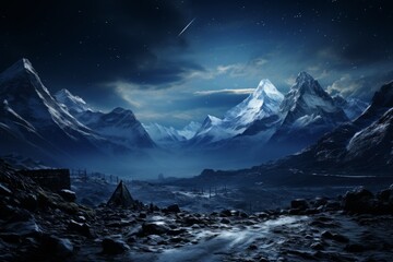 A river flows through a mountain landscape under the night sky - Powered by Adobe