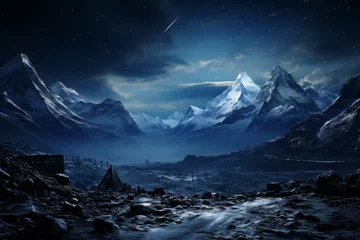 Foto op Plexiglas anti-reflex A river flows through a mountain landscape under the night sky © Yuchen Dong