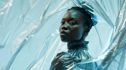 The model strikes a futuristic pose in metallic fabrics, exuding modernity and innovation against a transparent backdrop.