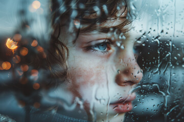 Close-Up of Child Gazing Through Raindrop Covered Window