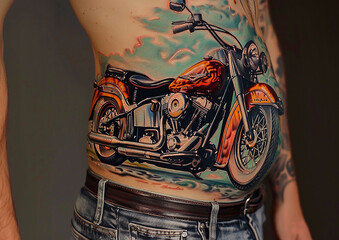 a tattoo of a motorcycle with a green and orange paint.
