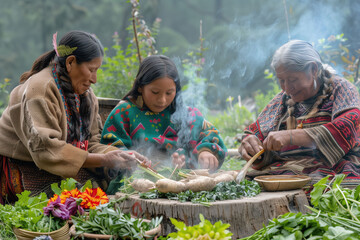 Indigenous Family Preparing Traditional Meal Outdoors