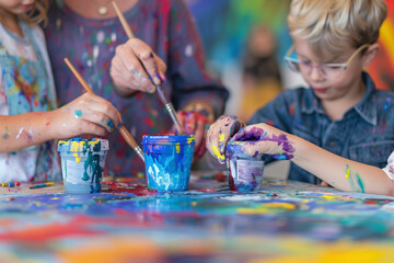 Children's Hands Creatively Painting with Vibrant Colors