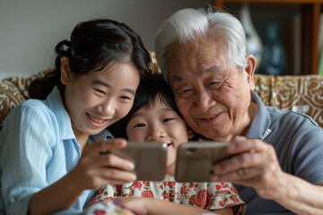 Asian Grandfather and Grandchildren with Smartphone