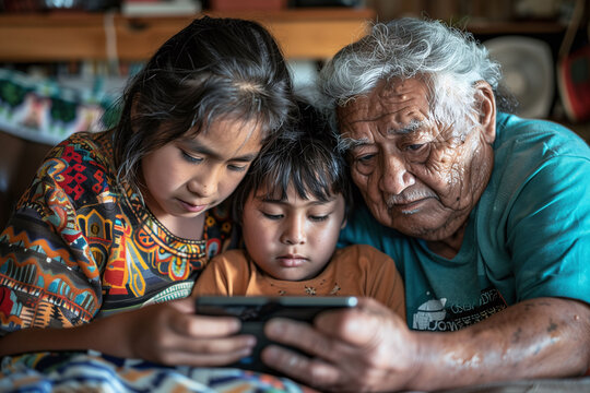 Grandfather Showing Smartphone to Curious Grandchildren