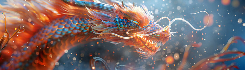 Dragon, vibrant scales, mythical creature of power, dancing in a festive parade, Lantern Festival celebration, 3D render, backlights, bokeh effect - obrazy, fototapety, plakaty