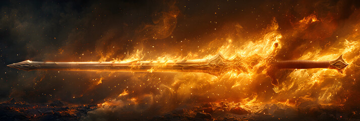  A flaming sword stuck in a stone. Flames and smo ,
A fire sword with a flame on it
 - obrazy, fototapety, plakaty