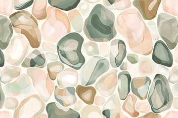  seamless pattern of abstract, organic shapes in a soft, muted palette of blush pink, sage green, and cream, resembling pebbles in a tranquil riverbed.