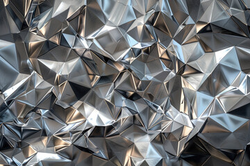 A sleek and futuristic polygon mesh, shimmering in metallic hues of silver, platinum, and gunmetal, with subtle light