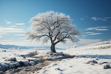 A snowcovered tree stands alone in a frozen landscape under a cloudy sky