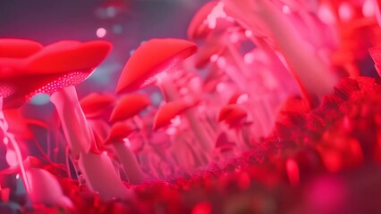 Trippy Psychedelic Red Mushrooms Sprouting in Grass Generative AI