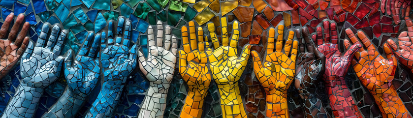 Equity Mosaic Project, featuring hands of different skin tones coming together to form a beautiful mosaic pattern symbolizing unity and equality Photography, Sunlight, Vignette