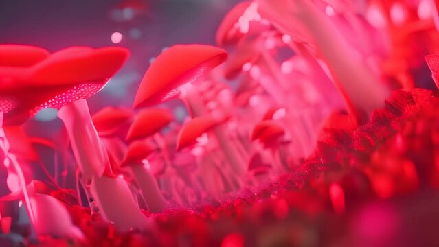 Trippy Psychedelic Red Mushrooms Sprouting in Grass Generative AI