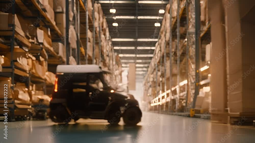 Poster automated robot moving through warehouse filled with boxes generative ai