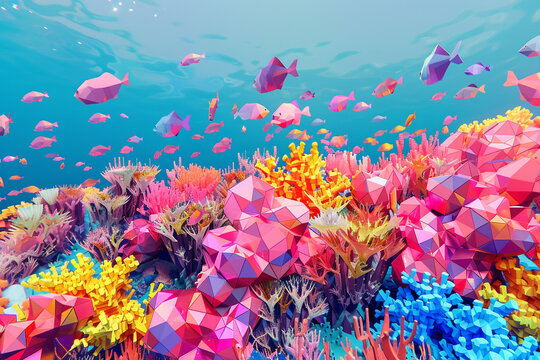 A vibrant, low-poly coral reef scene, teeming with polygons in bright shades of coral pink, electric blue, and sunny yellow, evoking the richness of underwater life.