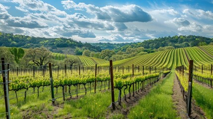 Fototapeta na wymiar A picturesque springtime vineyard with rows of grapevines and rolling hills,