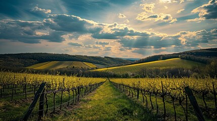 A picturesque springtime vineyard with rows of grapevines and rolling hills,