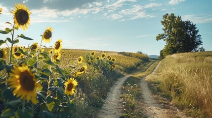 Fototapeta premium A serene summer countryside with fields of sunflowers and winding country roads, 
