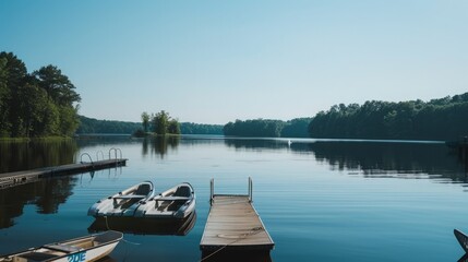 A serene summer lake with paddle boats and fishing docks, 