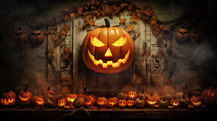 Jack O’ Lanterns In Spooky Forest At Moonlight - Halloween. Generative ai illustration.