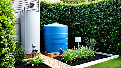 modern water tank in the garden with plants