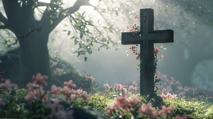 empty cross with trees and flowers