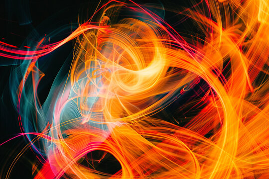 An abstract light painting, with swirling strokes of neon orange and vivid yellow against a stark, contrasting black background, capturing the energy of fire.