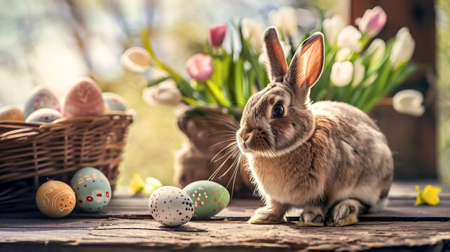 Easter Bunny rabbit sitting on wooden decking in the garden surrounded by flowers and hand painted Easter eggs PC desktop background Easter greeting card image