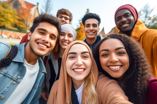 Smiling multi ethnic group of happy young friends posing for a selfie together young smiling multiracial group of people group multi-ethnic teen friends diverse group of students