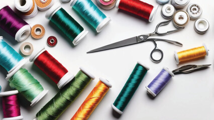 sewing tools and scissors - obrazy, fototapety, plakaty
