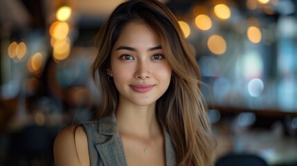 Obraz premium Smiling Asian Woman in Business Attire: Portrait in Cafe Setting