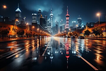 Cityscape with skyscrapers reflected in wet asphalt street at night - obrazy, fototapety, plakaty