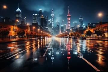 Wall murals Reflection Cityscape with skyscrapers reflected in wet asphalt street at night