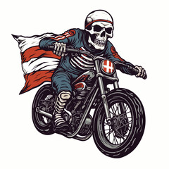Rider skull wearing helmet and holding flag with ra