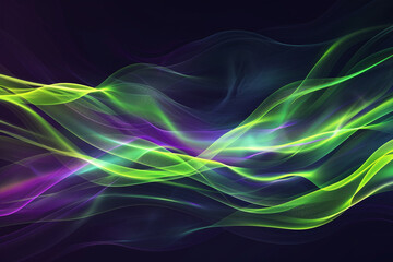 Dark abstract background with glowing wave in neon green and purple