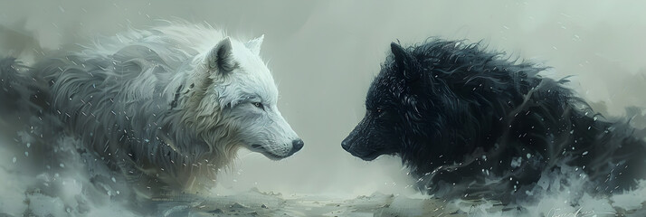 White wolf and black wolf - duel of good and evil ,
Direwolf art Ghost from game of thrones red eyes  - obrazy, fototapety, plakaty