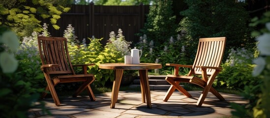 Wooden chair and table set in a garden, Outdoor relaxation theme.