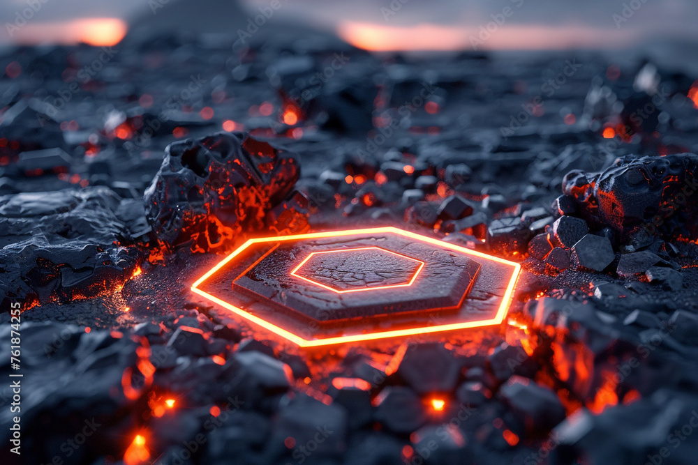 Wall mural futuristic hexagon hud element in a 3d landscape for tech visuals