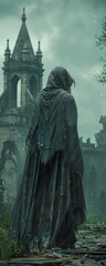 Lonely figure, Tattered cloak, Abandoned Castle, Stormy weather, realistic 3D render, Backlights, Motion Blur