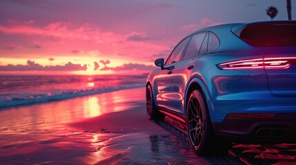 Blue luxury SUV car parked on concrete road by sea beach with beautiful red sunset sky. Summer vacation at tropical beach. Road trip. Front view sports and modern design SUV car. Summer travel by car
