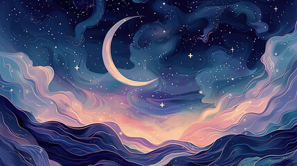 Dreamy Night Sky with Crescent Moon Twinkling Stars Sea of Clouds Purple Deep Blue Color Tone Digital Illustration Beautiful Design for Wallpaper Background Template 16:9 - obrazy, fototapety, plakaty