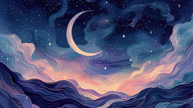 Dreamy Night Sky with Crescent Moon Twinkling Stars Sea of Clouds Purple Deep Blue Color Tone Digital Illustration Beautiful Design for Wallpaper Background Template 16:9