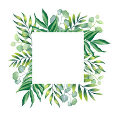 Frame made of foliage and eucalyptus. Hand drawn watercolor botanical illustration. Template for design, cards, invitations, congratulations, packaging, printing, advertising.