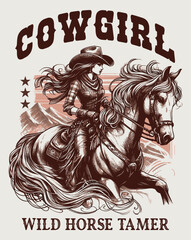 Beautiful drawing of a cowgirl in a posture of power and confidence. Artwork design, illustration for T-shirt printing, poster, badge wild west style, American Western.	Generative AI