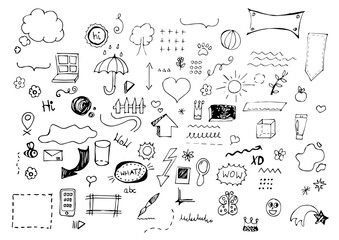 set of doodles, pen drawing, hand-drawn, includes hearts, clouds, frames and the like