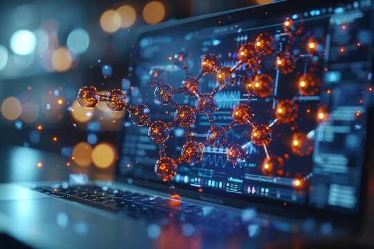 Digital visualization of a breakthrough medications molecular structure on a laptop in a lab, copy space