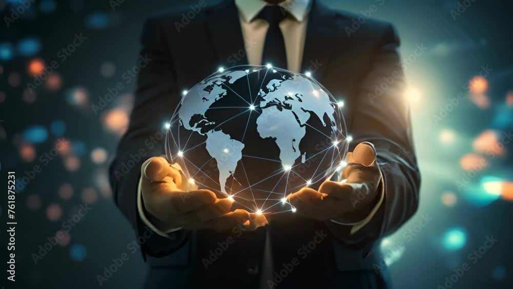 Poster businessman holding global network connection. big data analytics and business intelligence. world m